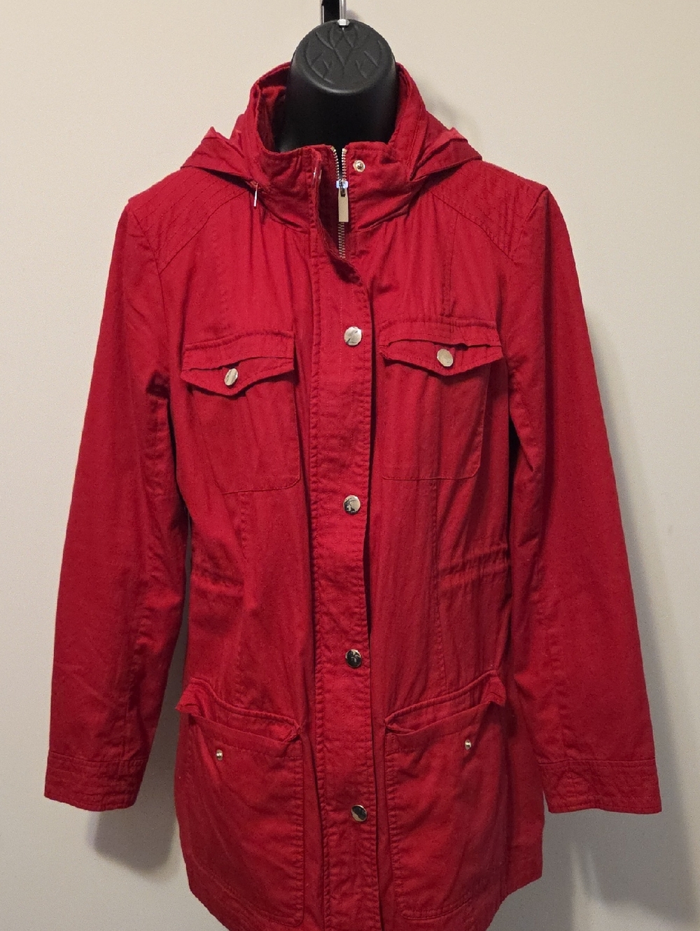 New York & Company Red Hooded Utility Jacket with Front Pockets